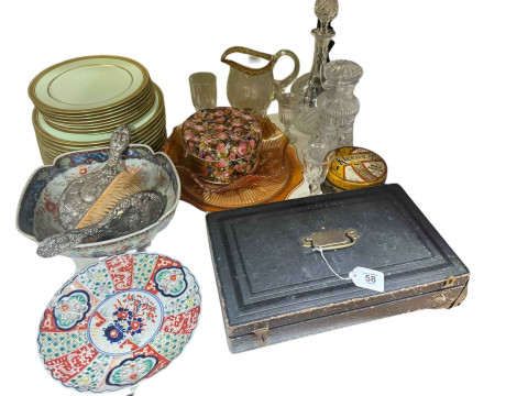 Silver backed brush and mirror, Carnival glass decanter and other glass,...