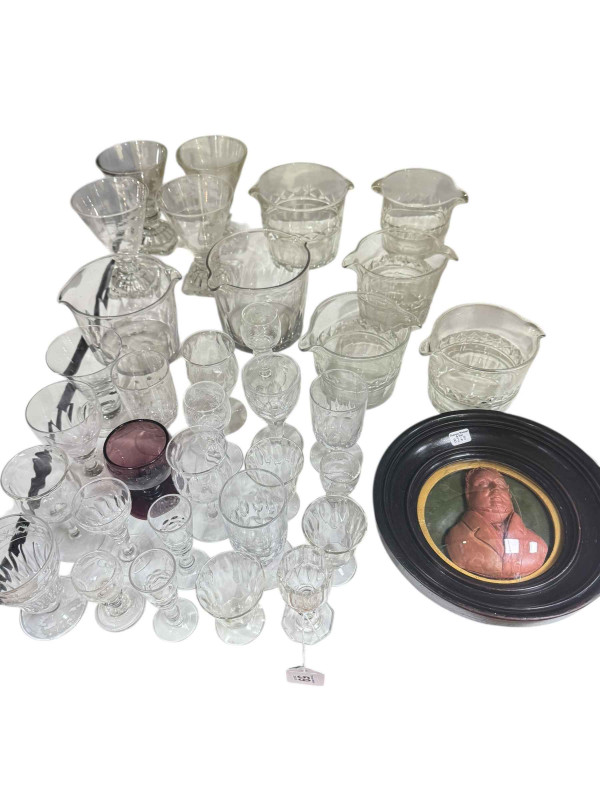 Collection of assorted glass and 19th Century wax plaque in circular frame.