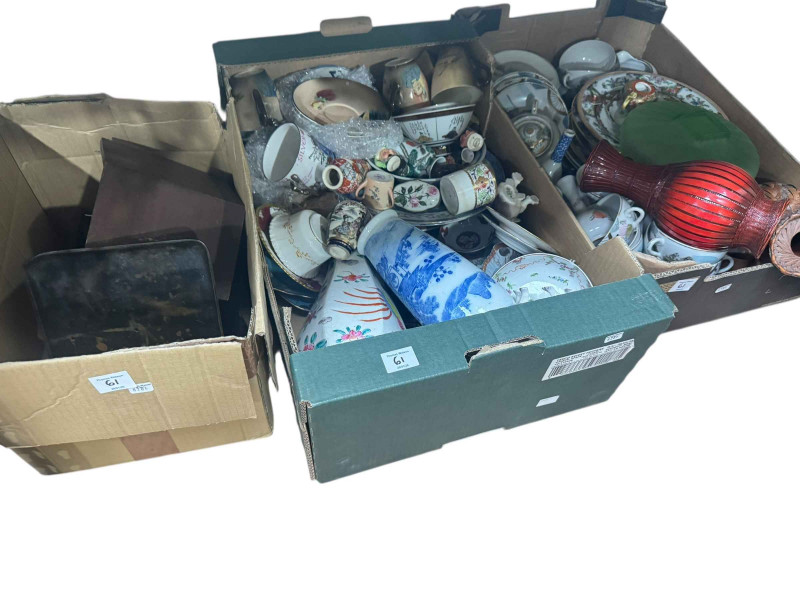 Nine boxes of antique and later china and glass, cruet sets, Oriental china, vintage pipes, etc.