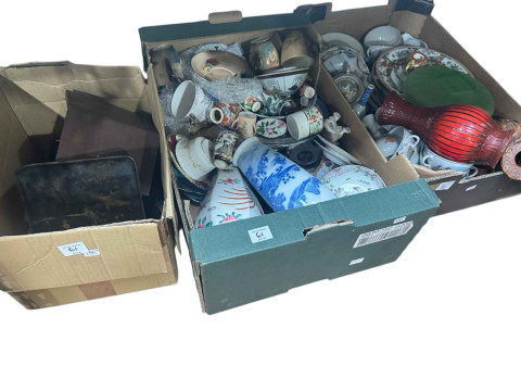 Nine boxes of antique and later china and glass, cruet sets, Oriental china, vintage pipes, etc. thumbnail