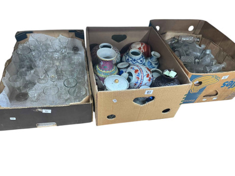 Nine boxes of antique and later china and glass, cruet sets, Oriental china, vintage pipes, etc. thumbnail