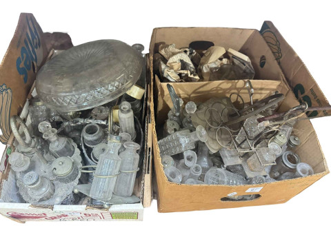 Nine boxes of antique and later china and glass, cruet sets, Oriental china, vintage pipes, etc. thumbnail