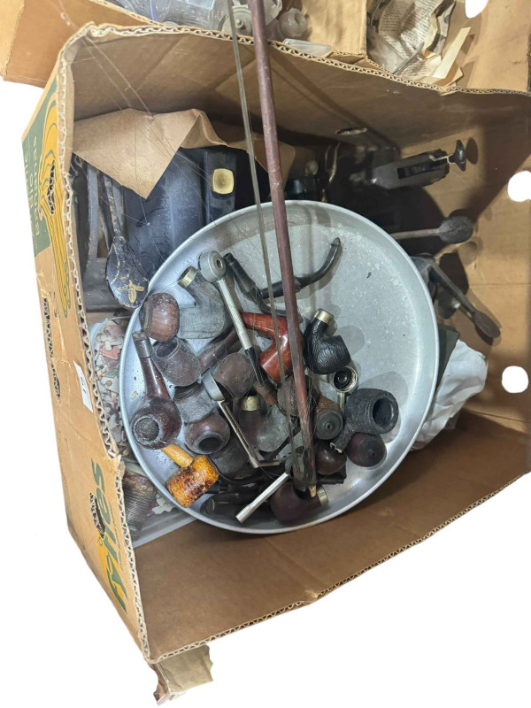 Nine boxes of antique and later china and glass, cruet sets, Oriental china, vintage pipes, etc.