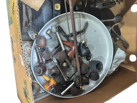 Nine boxes of antique and later china and glass, cruet sets, Oriental china, vintage pipes, etc. thumbnail