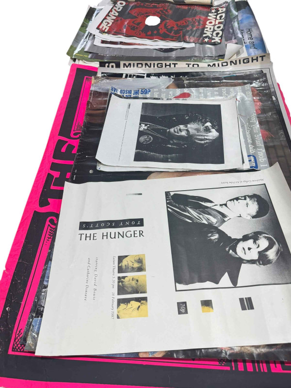 Collection of film and music posters including Tony Scott's 'The Hunger' featuring David Bowie and Catherine Deneuve.