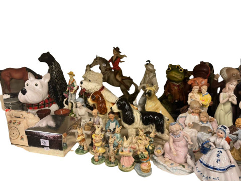 Full shelf of glass and china including figurines, large Chinese vase, animal ornaments, teawares, etc. thumbnail