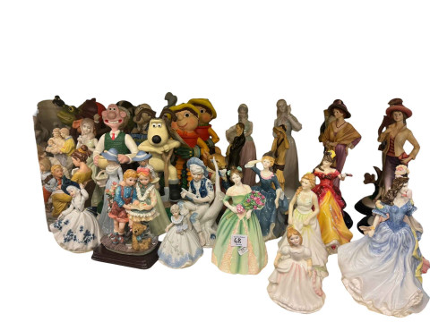 Full shelf of glass and china including figurines, large Chinese vase, animal ornaments, teawares, etc. thumbnail