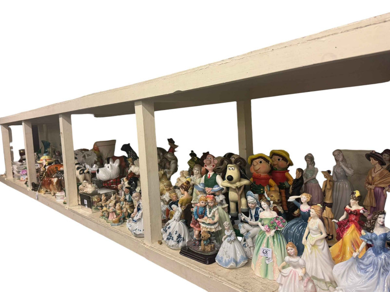 Full shelf of glass and china including figurines, large Chinese vase, animal ornaments, teawares, etc.