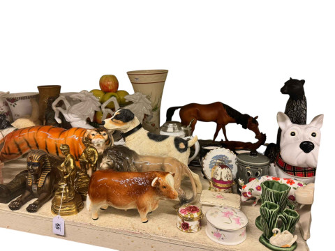 Full shelf of glass and china including figurines, large Chinese vase, animal ornaments, teawares, etc. thumbnail