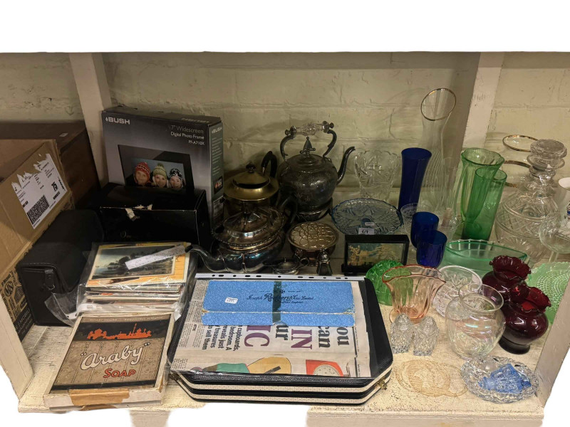 Full shelf of china, glass, silver plate, cameras, vintage typewriters, wood bowls, sewing machine, etc.