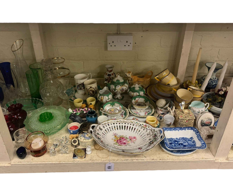 Full shelf of china, glass, silver plate, cameras, vintage typewriters, wood bowls, sewing machine, etc.