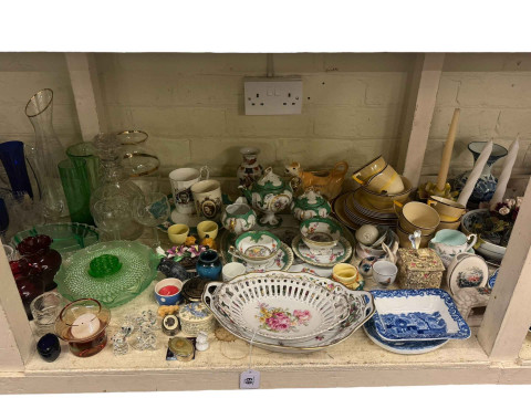 Full shelf of china, glass, silver plate, cameras, vintage typewriters, wood bowls, sewing machine, etc. thumbnail