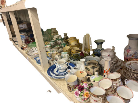 Full shelf of china, glass, silver plate, cameras, vintage typewriters,...