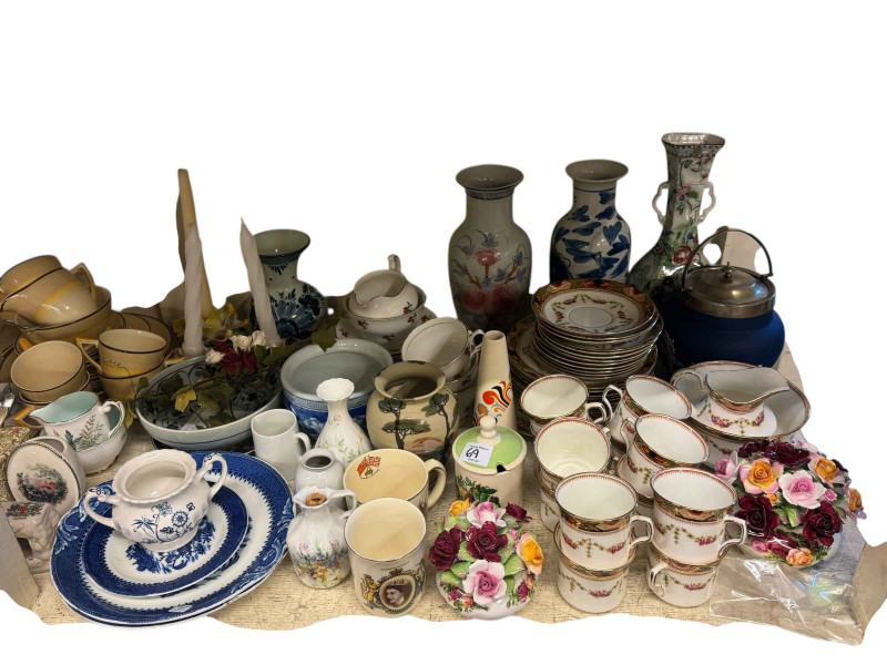 Full shelf of china, glass, silver plate, cameras, vintage typewriters, wood bowls, sewing machine, etc.