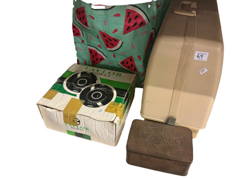 Full shelf of china, glass, silver plate, cameras, vintage typewriters, wood bowls, sewing machine, etc. thumbnail