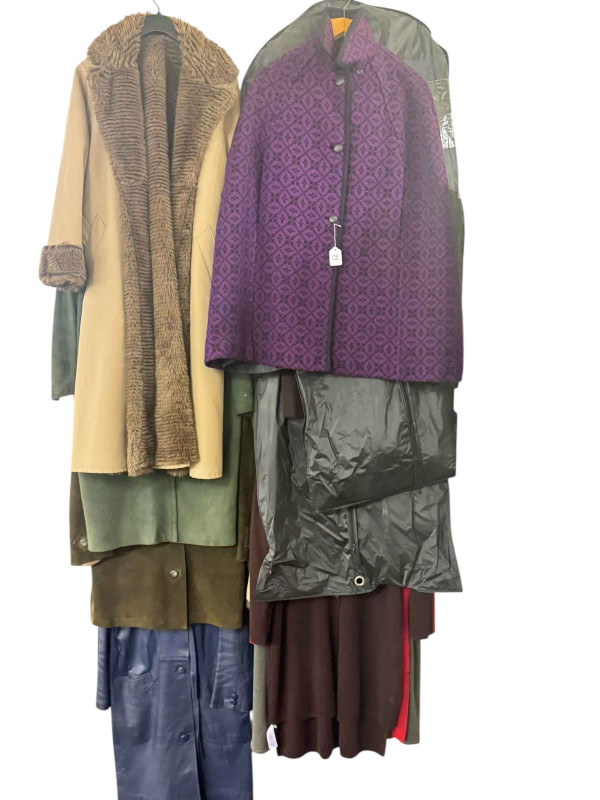 Collection of vintage ladies clothing including coats, pair of boots, Betty Jackson knitwear, shooting stick and two walking sticks.