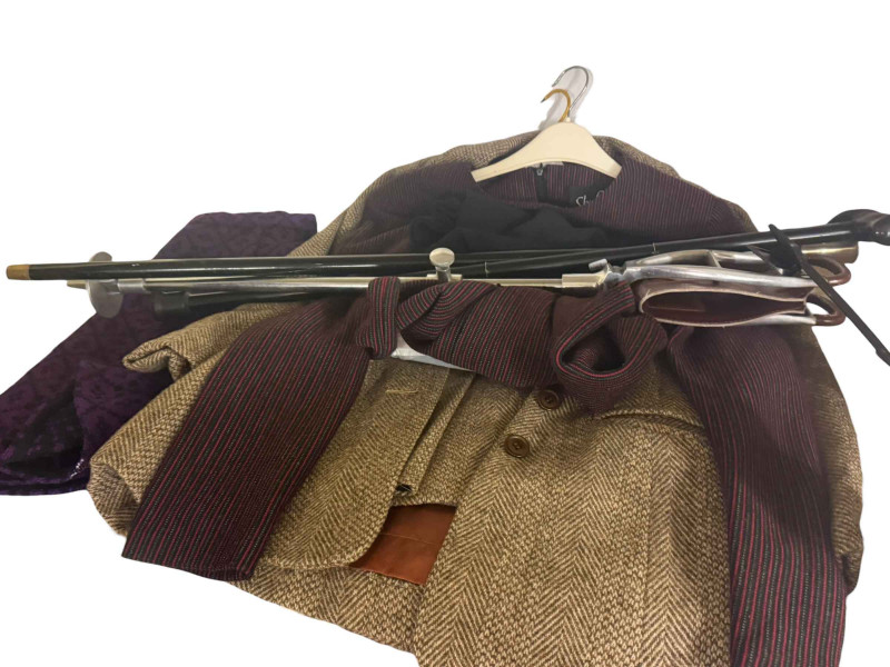 Collection of vintage ladies clothing including coats, pair of boots, Betty Jackson knitwear, shooting stick and two walking sticks.