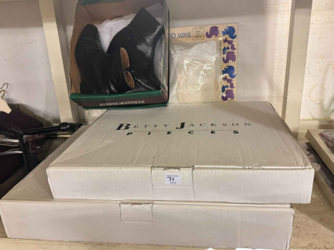 Collection of vintage ladies clothing including coats, pair of boots, Betty Jackson knitwear, shooting stick and two walking sticks. thumbnail