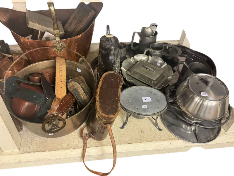 Copper warming pan, brass firescreen, kitchen scales, copper, brass and metalwares, assorted glass, clocks, pair of large pottery vases, etc.