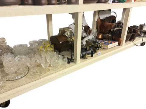 Copper warming pan, brass firescreen, kitchen scales, copper, brass and...