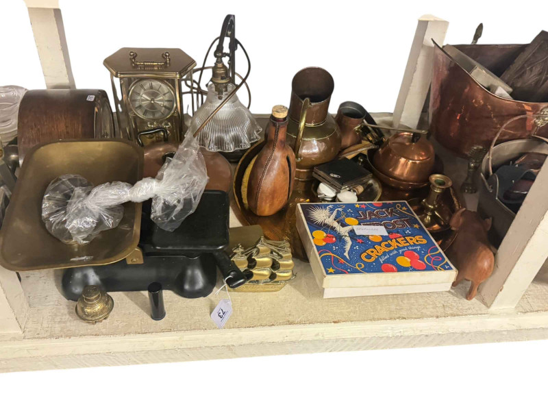 Copper warming pan, brass firescreen, kitchen scales, copper, brass and metalwares, assorted glass, clocks, pair of large pottery vases, etc.