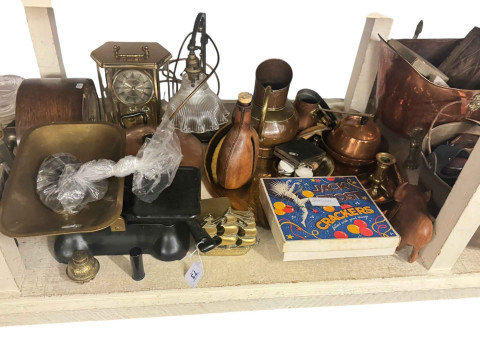 Copper warming pan, brass firescreen, kitchen scales, copper, brass and metalwares, assorted glass, clocks, pair of large pottery vases, etc. thumbnail