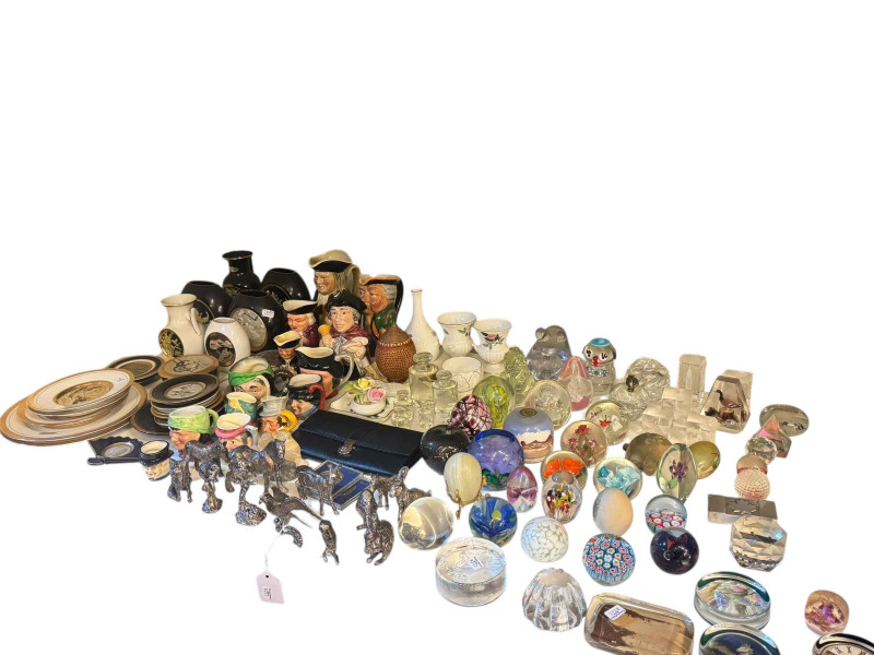 Glass paperweights, character jugs, cast metal animal ornaments, chokin ornaments, etc.