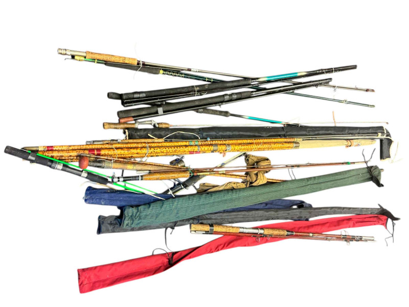 Large collection of fishing rods including split cane.
