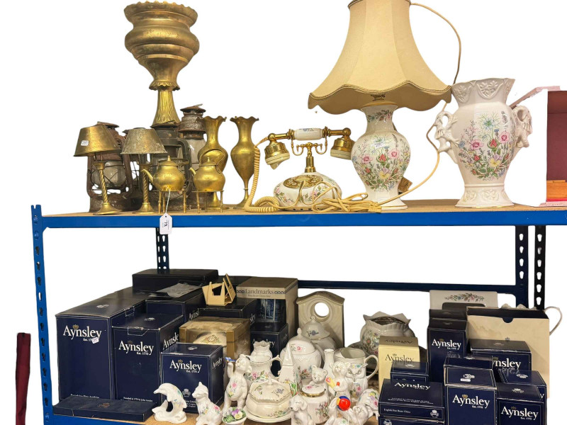 Large collection of Aynsley china, brasswares, tilly lamps, etc.