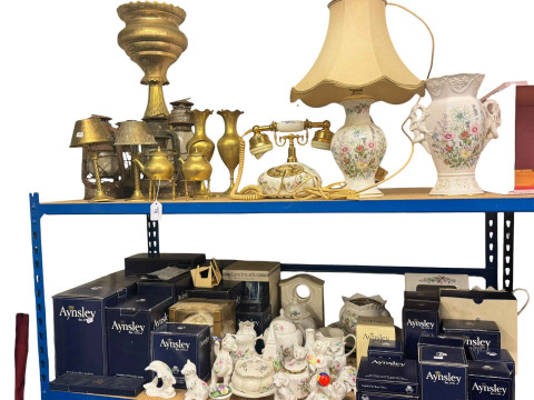 Large collection of Aynsley china, brasswares, tilly lamps, etc.
