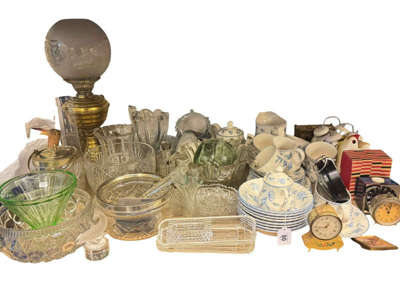 Assorted glasswares, teawares, vintage alarm clocks, etc.