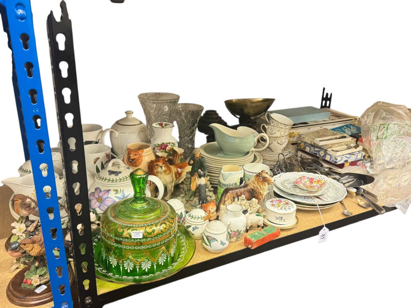 Portmeirion and other china, glassware, kitchen scales, cutlery, animal ornaments, etc.
