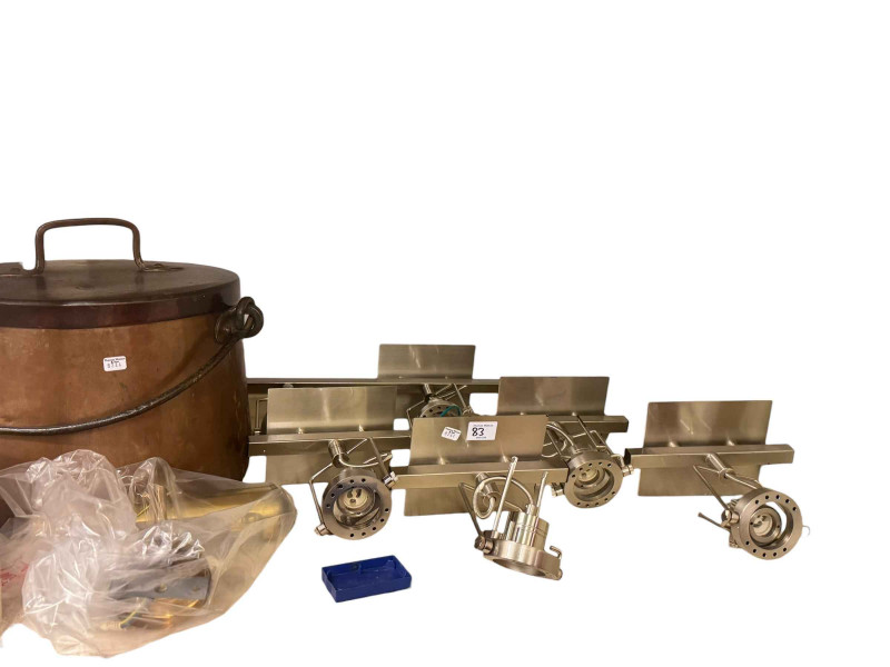 Large copper jug and pan, wall clock, kitchen scales, stoneware and glass bottles, collectors plates, wall lights, etc.