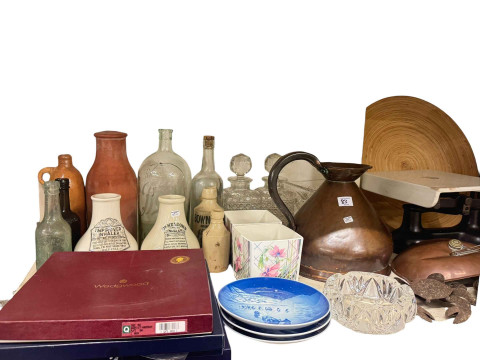 Large copper jug and pan, wall clock, kitchen scales, stoneware and glass bottles, collectors plates, wall lights, etc. thumbnail