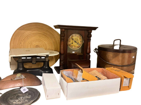 Large copper jug and pan, wall clock, kitchen scales, stoneware and glass bottles, collectors plates, wall lights, etc. thumbnail