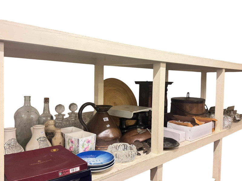 Large copper jug and pan, wall clock, kitchen scales, stoneware and glass bottles, collectors plates, wall lights, etc.