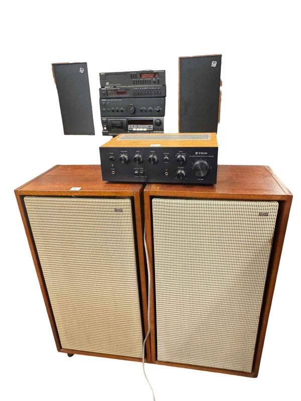Collection of vintage Hifi equipment including Sony tape recorder, Connoisseur record player, Rotel tuner and amp, pair Wharfedale speakers, etc.
