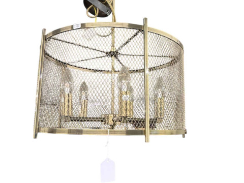 Steel and mesh five bulb light fitting and pair of wall lights.