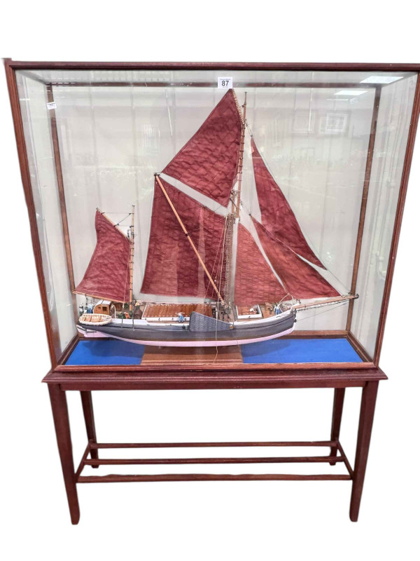 Large cased model of masted trawler, overall size 125cm by 91cm by 25cm.