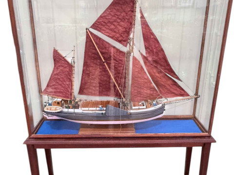 Large cased model of masted trawler, overall size 125cm by 91cm by 25cm.