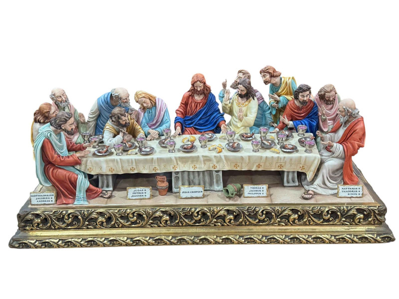Large Capo di Monte 'The Last Supper' on gilt plinth design by Germano Cortese.