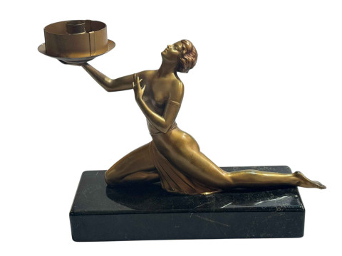 Art Deco bronzed spelter lady figure lamp on marble plinth.