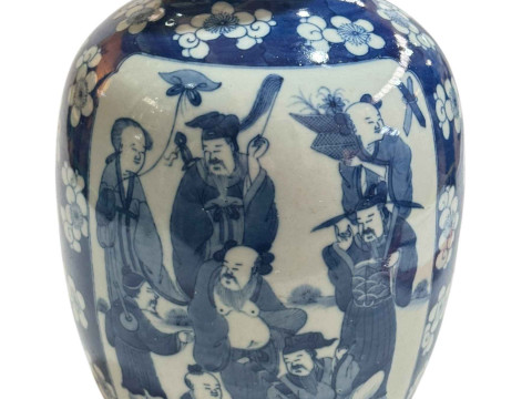Chinese blue and white vase decorated with figures and prunus design, double ring mark to base, 29cm. thumbnail