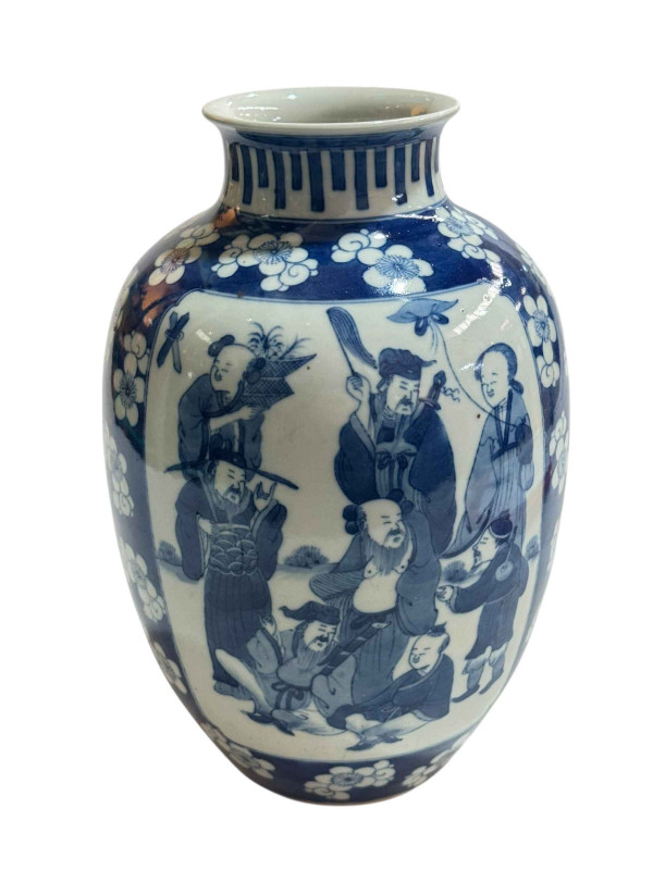 Chinese blue and white vase decorated with figures and prunus design, double ring mark to base, 29cm.