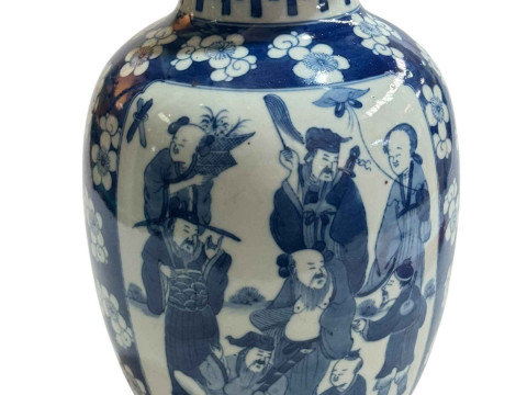 Chinese blue and white vase decorated with figures and prunus design,...