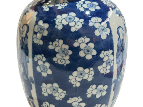 Chinese blue and white vase decorated with figures and prunus design, double ring mark to base, 29cm. thumbnail