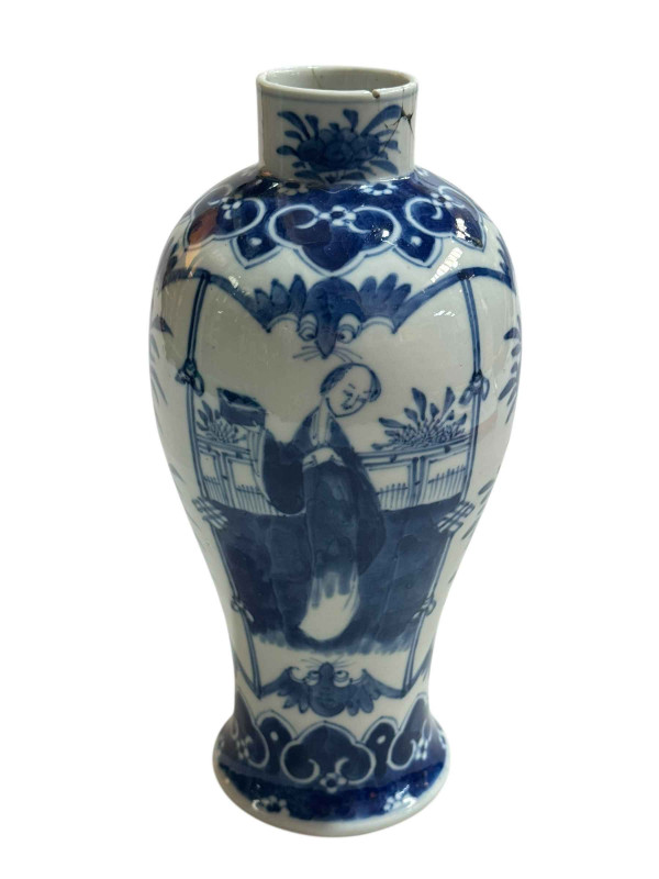 Chinese blue and white vase with figure and floral decoration, four character Kangxi mark to base, 25cm.