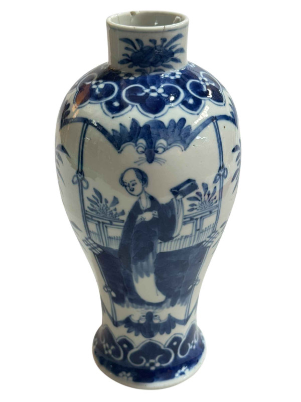 Chinese blue and white vase with figure and floral decoration, four character Kangxi mark to base, 25cm.
