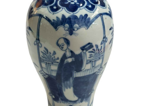 Chinese blue and white vase with figure and floral decoration, four character Kangxi mark to base, 25cm. thumbnail