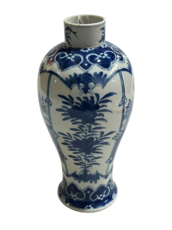 Chinese blue and white vase with figure and floral decoration, four character Kangxi mark to base, 25cm.
